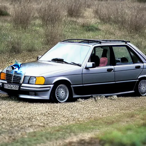 Prompt: Mercedes 190E crashing against a teletubbie