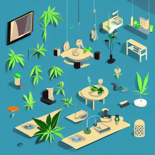 Prompt: room of cannabis paraphernalia isometric vector illustration minimalist by earle, eyvind render in octane