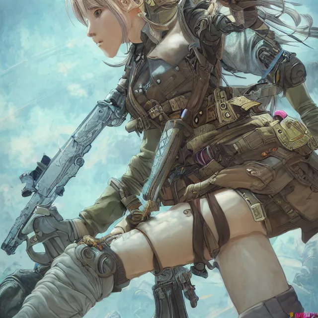 Image similar to the portrait of lawful neutral semi - colorful female infantry gunner as absurdly beautiful, gorgeous, elegant, young anime girl, an ultrafine hyperdetailed illustration by kim jung gi, irakli nadar, intricate linework, bright colors, octopath traveler, final fantasy, unreal engine 5 highly rendered, global illumination, radiant light, detailed and intricate environment