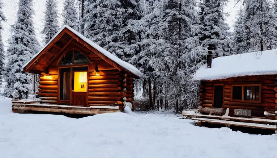 Image similar to empty cozy small cabin, warm, outside winter landscape