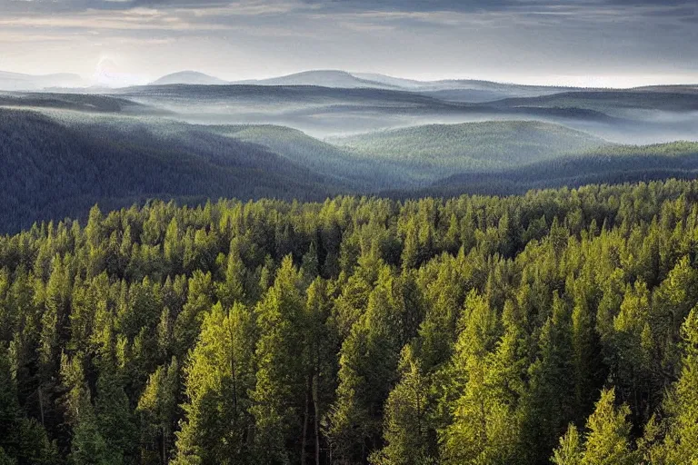 Prompt: beautiful swedish forest from the view of a mountain, breathtaking, cinematic, soft colors, sharp, by James Gurney