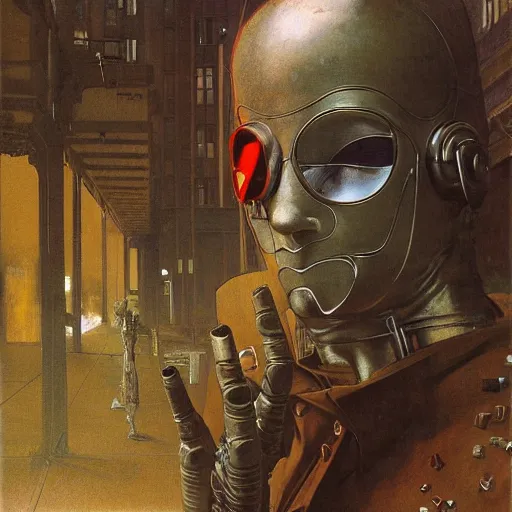 Image similar to portrait of masked cyberpunk scientist on the art deco streets of the Empire city, award-winning realistic sci-fi concept art by Beksinski, Bruegel, Greg Rutkowski, Alphonse Mucha, and Yoshitaka Amano
