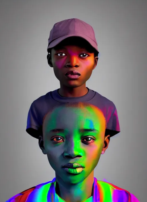 Prompt: colourful vfx portrait - art of an african boy wearing a baseball cap with wires and computer chips dangling from its inside, art by hsiao - ron cheng, volumetric light, dramatic lighting, ray tracing, digital painting, digital illustration, claymation style, unreal engine render, sharp, intricate detail, behance, artstation, pinterest,