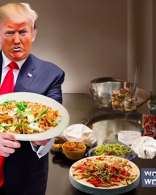 Image similar to wide shot photoshoot of donald trump preparing a meal, 8 k, photorealistic