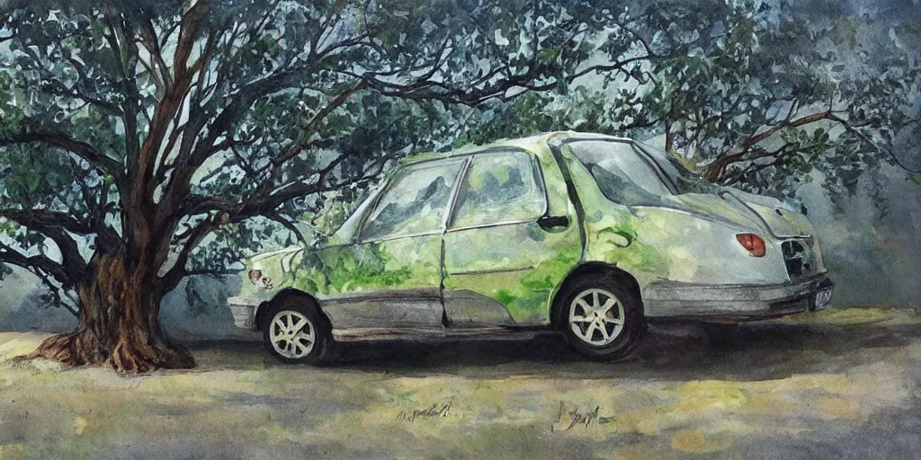 Prompt: painting of a tree fused with a car