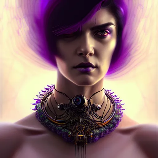 Prompt: woman with extremely large and intricate haircut with angry purple eyes and slim features looking askance, eye cyberpunk bionics, retro futurist style, intricate, elegant gleaming intricate baroque jewelry, angelic halo, highly detailed, digital painting, artstation, concept art, smooth, sharp focus, illustration, art by wlop, mars ravelo and greg rutkowski,