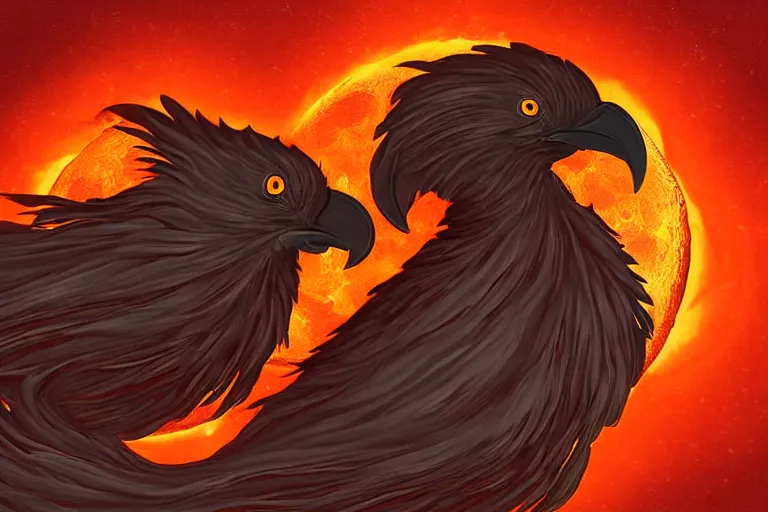 Image similar to fire ravens eating the moon, digital art