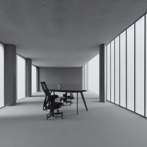 Prompt: symmetry, parallax mapping of brutalist office, minimalist architecture, minimalist furniture, octane render, high quality