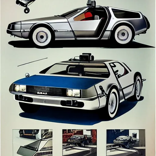 Image similar to 1955 DeLorean as designed by Ford concept by Syd Mead, catalog print