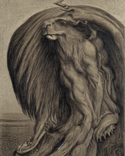 Image similar to a creature with the body and eyes of a man, with the beak of an eagle, the mane of a lion, and the horns of an ox by jean delville