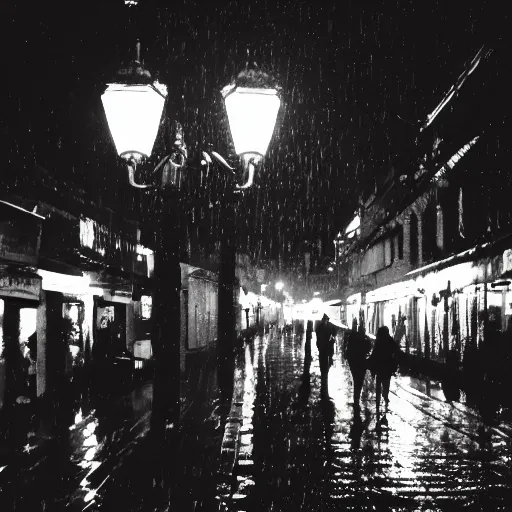 Image similar to Kson Souichou walking down the street at night, raining, street lights shining