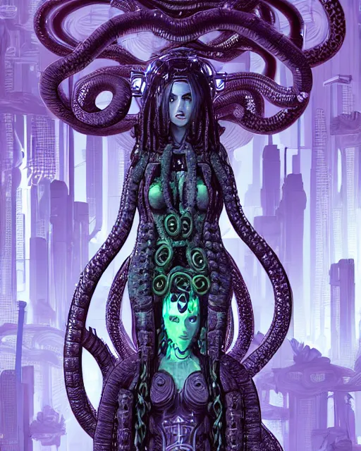 Image similar to Perfectly-centered Hyperdetailed realistic symmetrical cinematic RPG portrait-illustration of a beautiful aetherpunk cyberpunk Medusa in a long dark otherworldly dress while her hair are huge ravepunk snakes. She's standing next to lovecraftian towers in a surreal landscape, style of an epic sci-fi comic-book cover, 3D rim light, octane render
