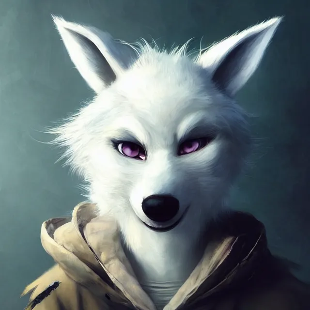 Prompt: a beautiful portrait of a cute anthropomorphic humanoid white wolf fursona. big eyes. character design by cory loftis fenghua zhong ryohei hase isma