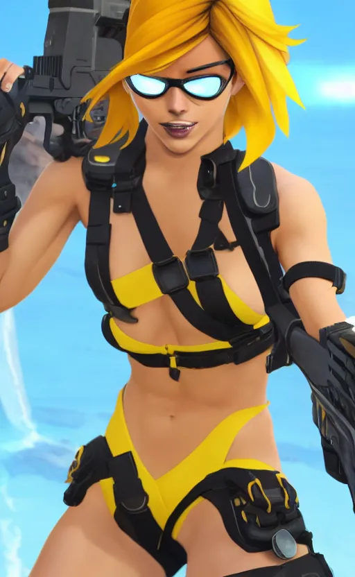 Image similar to tracer game character, in yellow bikini, blonde hair, black eyes, full height