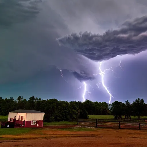 Image similar to a thunderstorm with red lightning and 10 tornados