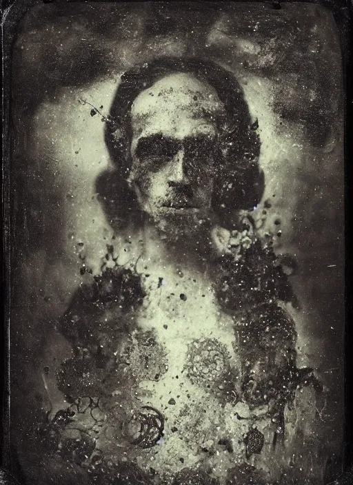 Prompt: old wetplate daguerreotype portrait of the necromancer, explosion of data fragments, fractal, intricate, elegant, highly detailed, parallax, leica, medium format, subsurface scattering, by jheronimus bosch and greg rutkowski and louis jacques mande daguerre