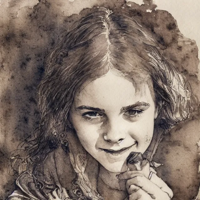 Prompt: a detailed, intricate watercolor and ink portrait illustration with fine lines of young 1 4 year old emma watson looking over her shoulder, laughing loudly with her mouth wide open, by arthur rackham and edmund dulac and lisbeth zwerger