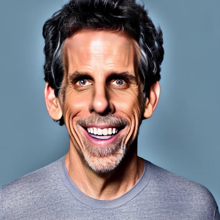 Prompt: portrait of ben stiller, smiling towards the camera. getting 0 years younger. detailed, 4 k, morning hour.