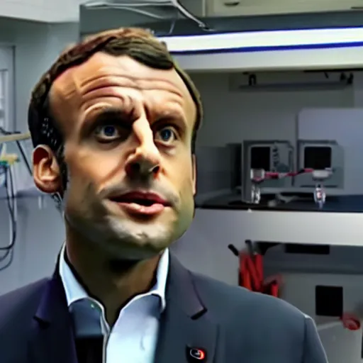 Image similar to cctv screenshot of Emmanuel Macron in a science lab