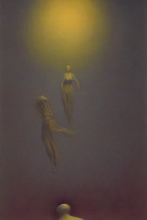 Prompt: zdzisław beksinski oil painting. women floating in the sky, disturbing, unsettling, intricate, beautiful