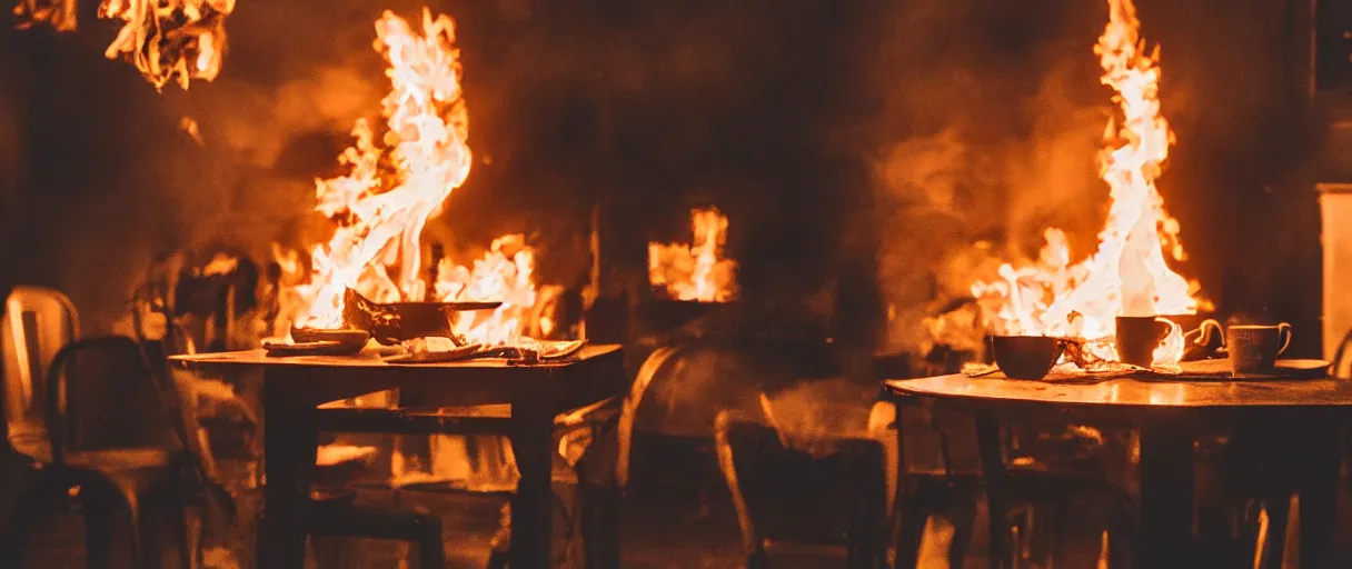 Image similar to a photograph of a big fire on a dining room on fire, only remains a wooden table and a chair (no fire at all there), an human-like relaxed dog sitting at this table, ☕ on the table, surrounded by flames, a lot of flames behind the dog, black smoke instead of the ceiling, no watermark