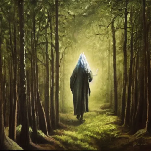 Image similar to Gandalf travelling trough the forest, oil painting