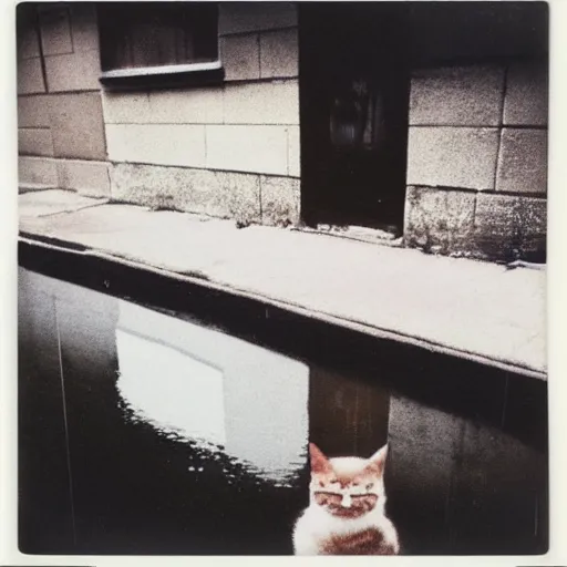 Image similar to wide-shot eyesight first-person!!! reflection!!! of a cat drinking water from the puddle at the street, polaroid photo, by Andy Warhol, signed