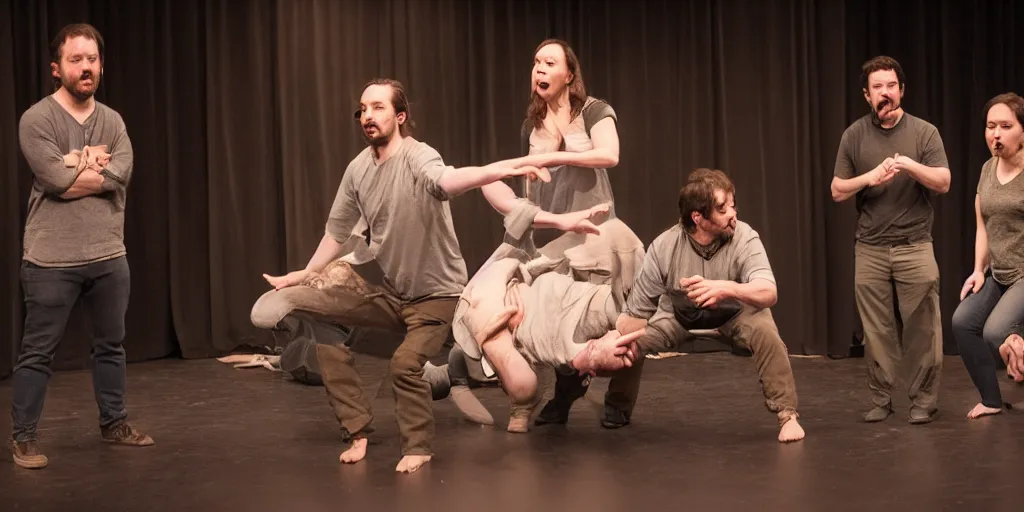 Prompt: a photo from a trio improv show where three performers are doing a scene, hyper realistic, ultra detailed, 8 k, sharp focus, ultra detailed, by leesha hannigan, ross tran, thierry doizon, kai carpenter, ignacio fernandez rios