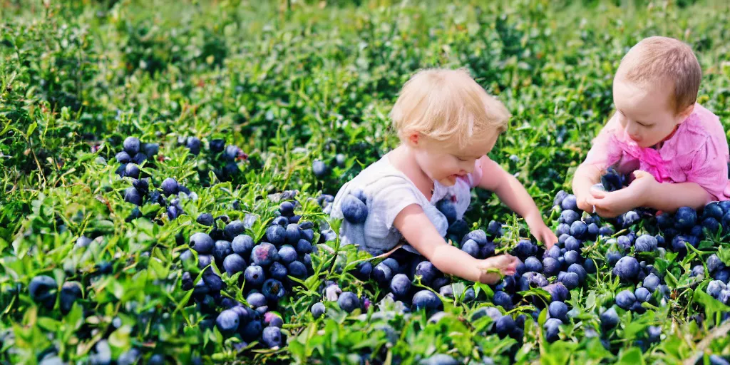 Prompt: a small child picking blueberries in a field on a bright and sunny morning