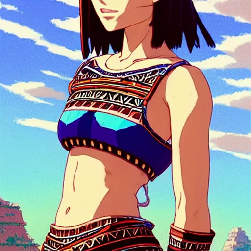 Image similar to beautiful boyish natalie portman alluring gravure model, wearing aztec wooden mask helmet cap and leotard, elegant bulky aztec football gear subtle mayan patterns, elegant aztec bathing suit, gapmoe yandere grimdark, trending on pixiv fanbox, painted by greg rutkowski makoto shinkai takashi takeuchi studio ghibli, akihiko yoshida