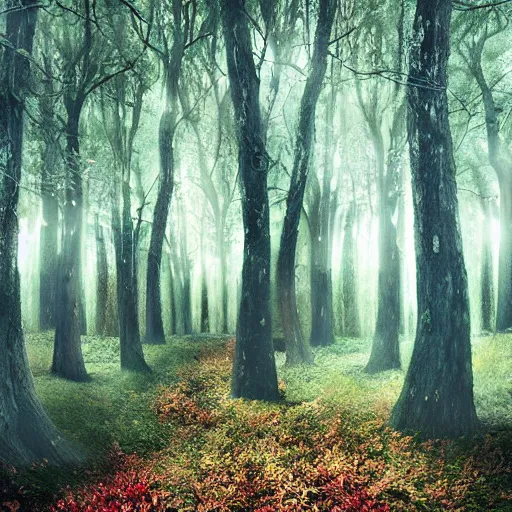 Prompt: magical forest taking over sci-fi city, digital art award-winning photography