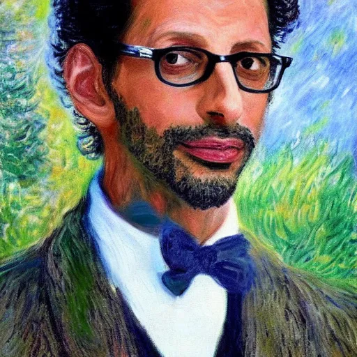 Prompt: Monet painting of a portrait of Jeff Goldblum, highly detailed, realistic,