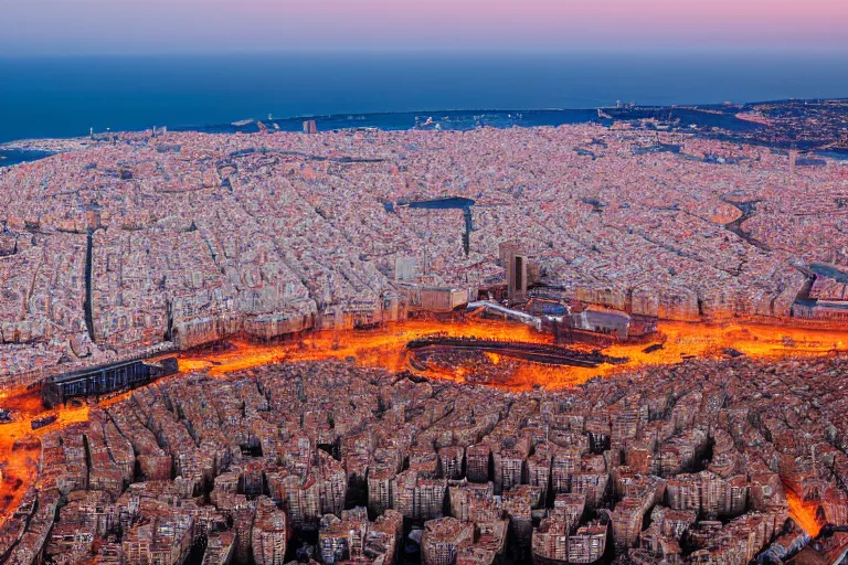 Prompt: air views of dystopian barcelona coast covered with water, global warming, sunset lighting, photo real