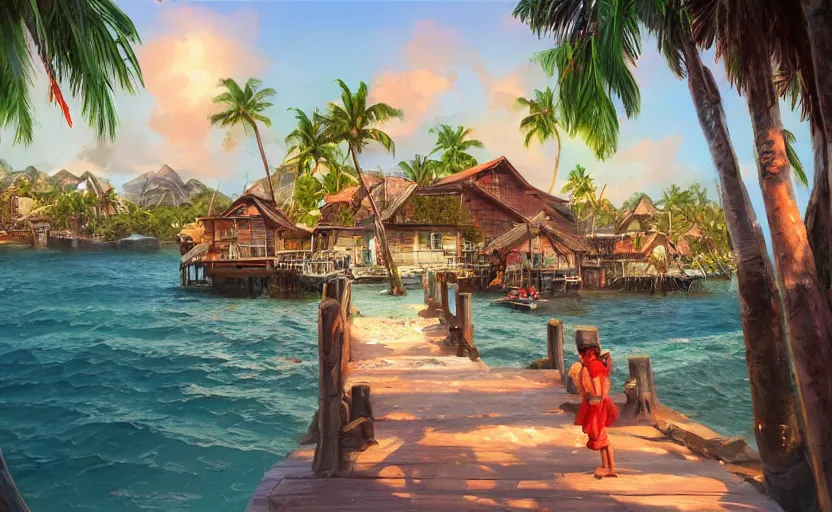 Image similar to a little fisher village on a tropical island, wood pier and houses, bright day, matte painting by marc simonetti and rhads, trending on artstation