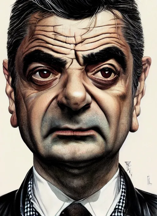 Prompt: portrait of rowan atkinson, very serious, gritty, dark, wearing a black leather jacket hyperrealistic, very detailed painting by Glenn Fabry, by Joao Ruas, by Artgerm