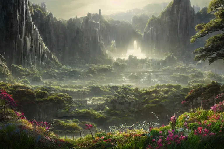 Prompt: Brutalist Shiro, Eden at Dawn, amazing cinematic concept painting, by Jessica Rossier , Gleaming White, overlooking a valley, Himeji Rivendell Garden of Eden, wildflowers and grasses, terraced orchards and ponds, lush fertile fecund, fruit trees, birds in flight, animals wildlife