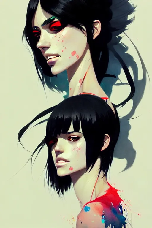 Prompt: a ultradetailed beautiful painting of a stylish woman with a white tank top, she has black hair with bangs, by conrad roset, greg rutkowski and makoto shinkai trending on artstation