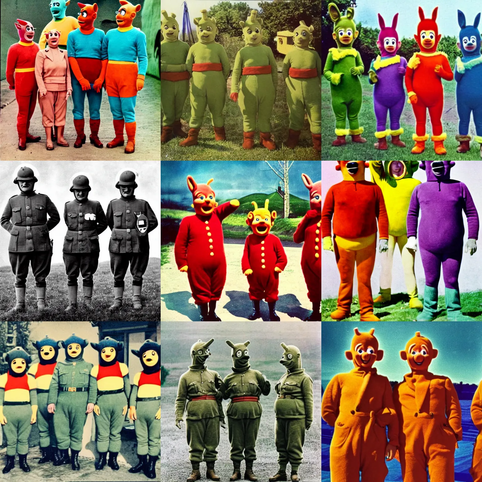 Prompt: German WW2 officers dressed up as the teletubbies, vivid colors, colorized, surreal