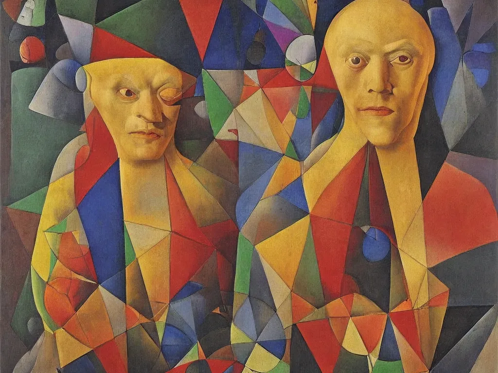 Prompt: Portrait of albino mystic, with beautiful colored wrinkled sheets of paper, geometric masks. Painting by Jan van Eyck, Rufino Tamayo, Matisse, Rene Magritte, Agnes Pelton, Max Ernst, Walton Ford