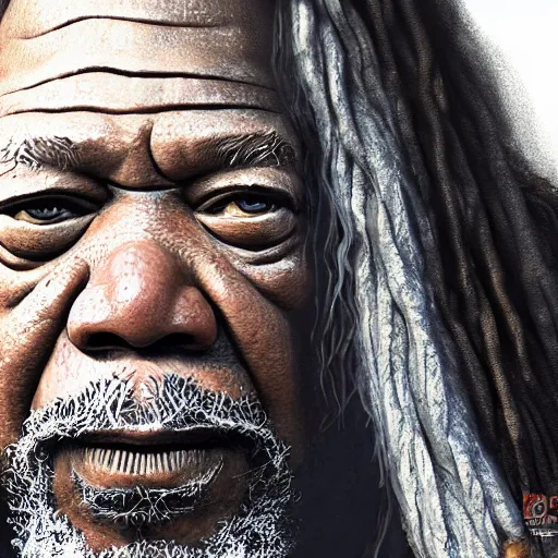 Image similar to morgan freeman as gimli in lord of the rings, high detail shot, smoking, render, cgsociety, photorealism