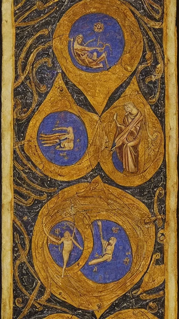 Image similar to scivias i. 3 : god, cosmos, and humanity is a medieval ink and gold leaf drawing created by hildegard von bingen in 1 1 6 5