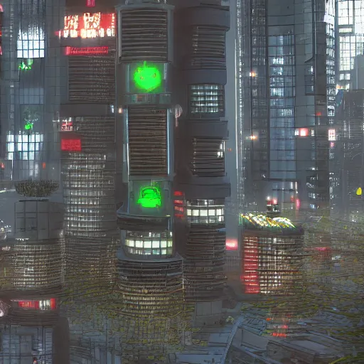 Image similar to scary headquarters for evil cyberpunk megacorporation