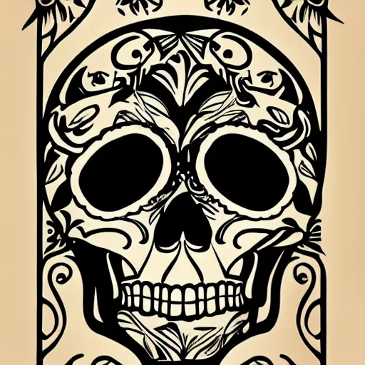 Prompt: a small vector tattoo design. art nouveau sugar skull.