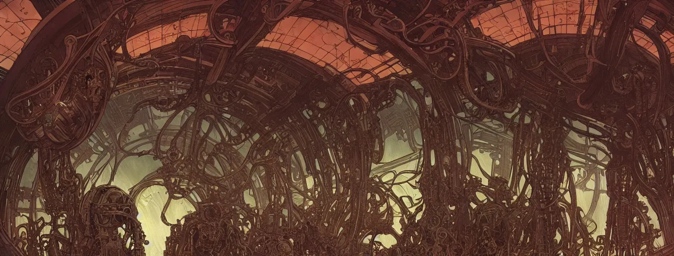 Image similar to doom, elden ring themed cinematic shot of the interior of a sf spaceship made with biomechanical architecture and highly advanced technology, intricate linework, style of moebius comic art, alphonse mucha, h. r. giger