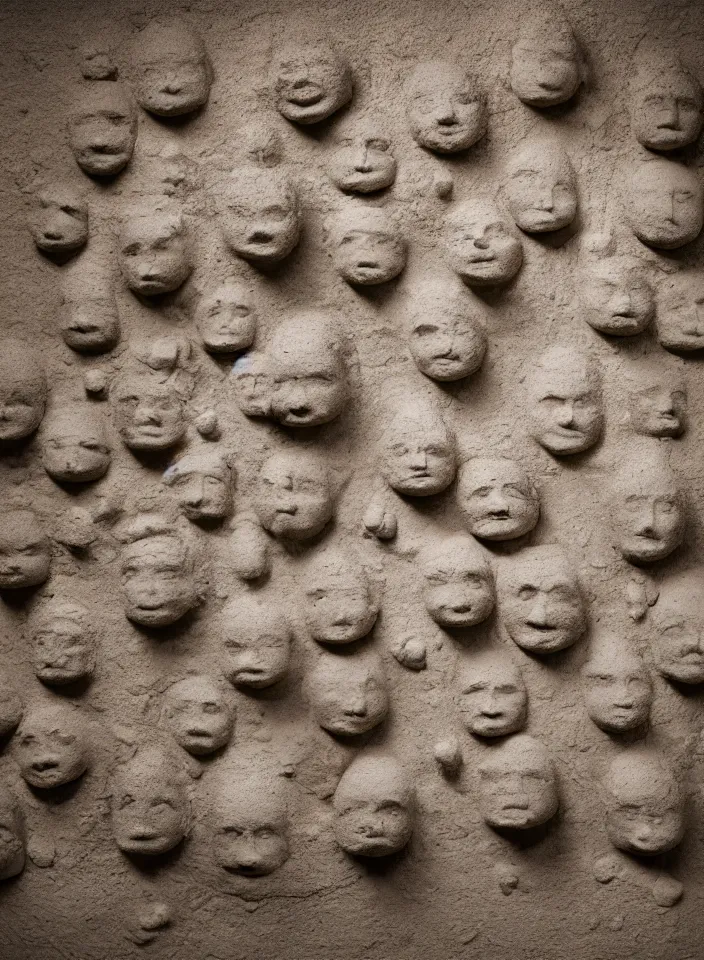 Prompt: a room made of clay, faces emerging from the walls, experimental photography