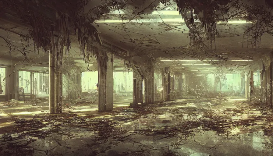 Image similar to abandoned arcade covered by cobwebs and dust, dust particles, vegetation, birds, hyperdetailed, artstation, cgsociety, 8 k