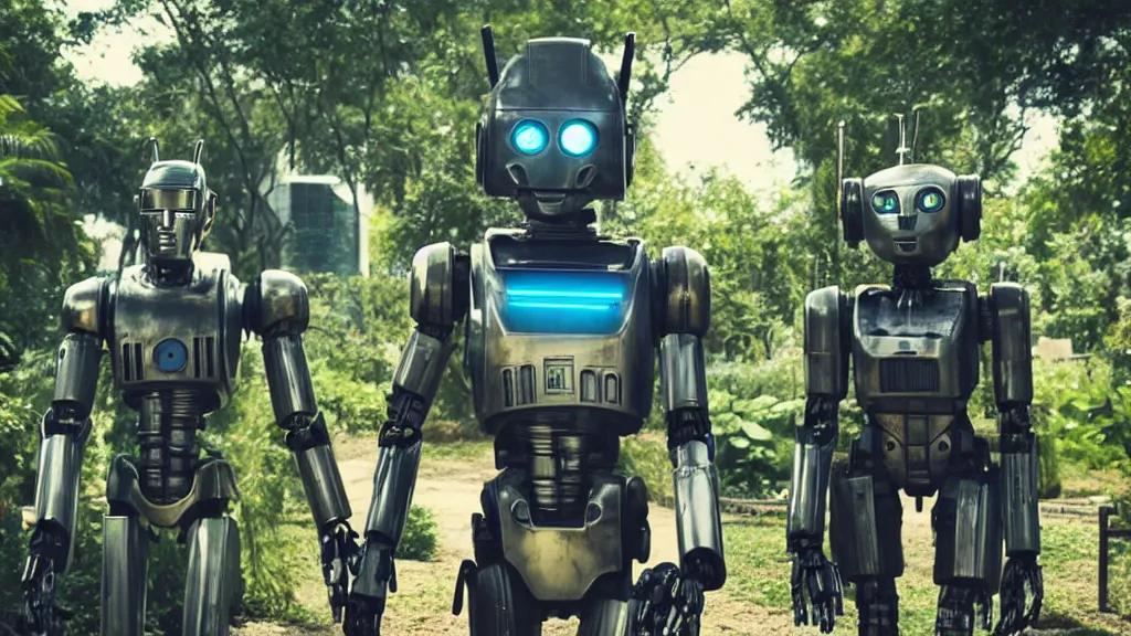 Prompt: film still from the movie chappie of the robot chappie shiny metal outdoor park plants garden scene bokeh depth of field several figures furry anthro anthropomorphic stylized cat ears head android service droid robot machine fursona