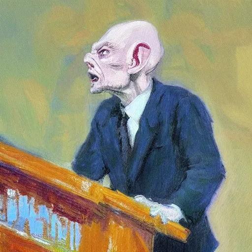 Image similar to impressionist painting of president gollum giving a speech