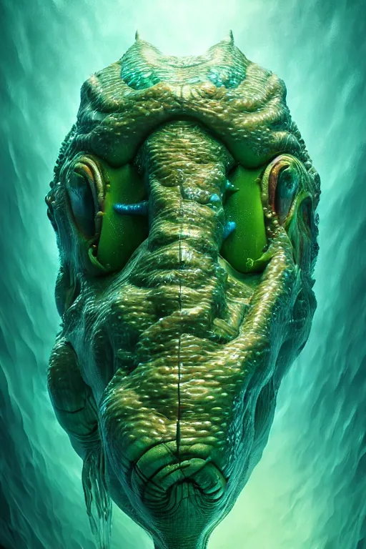 Image similar to hyperrealistic close-up surrealism underwater creature monster!! highly detailed concept art eric zener elson peter cinematic hard green lighting high angle hd 8k sharp shallow depth of field, inspired by David Paul Cronenberg and Zdzisław Beksiński