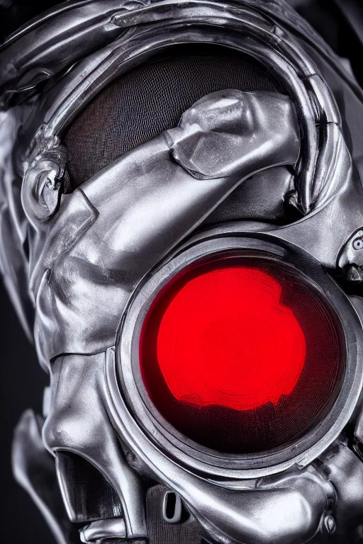 Image similar to closeup shot of a carbon black cyborg, macro shot, dof, cinematic, volumetric lighting, studio shot, red light, 4 k